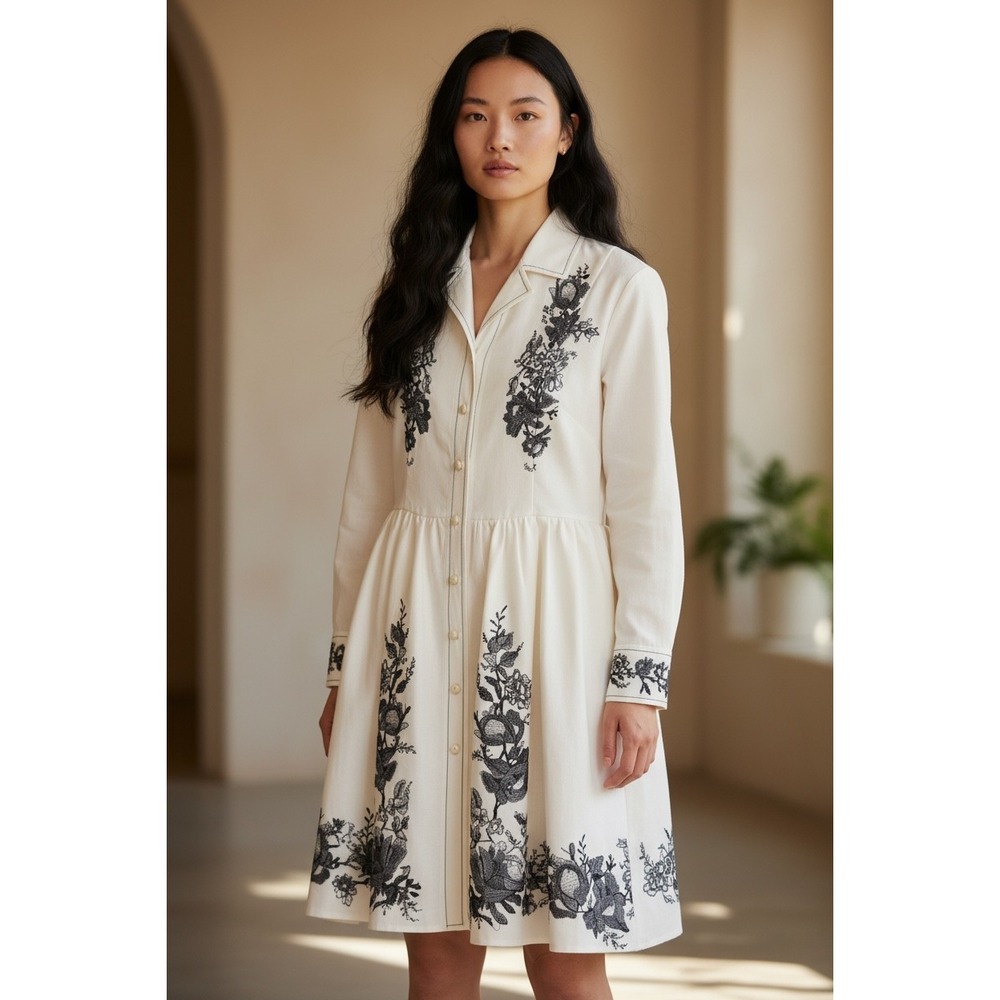 Cream Black Floral Embroidered Long Sleeve Button Down Linen Blend Dress S / 6